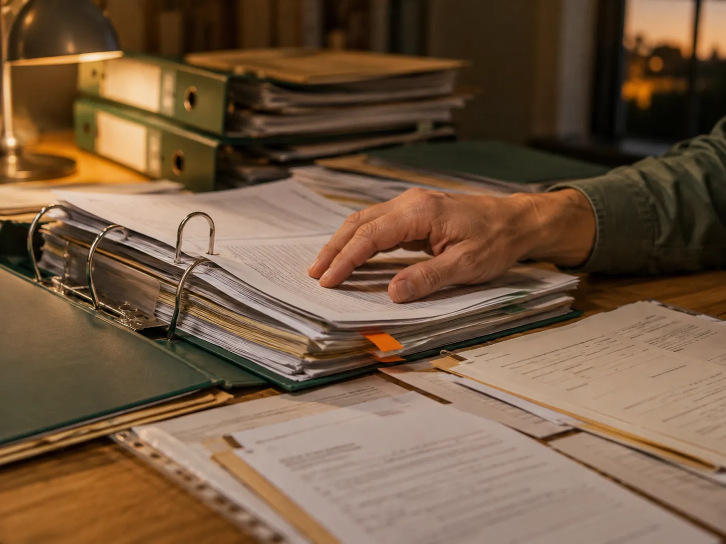An open lever-arch file and loose certificates spread across a desk under a lamp in the evening, a hand resting on one page.